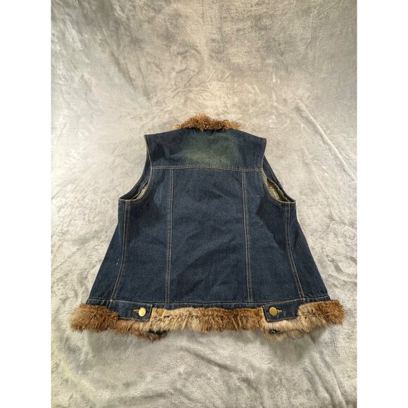 Vintage Cejon Vest Women's Large blue Denim Vest With Rabbit Fur Trim & Collar - Picture 2 of 11